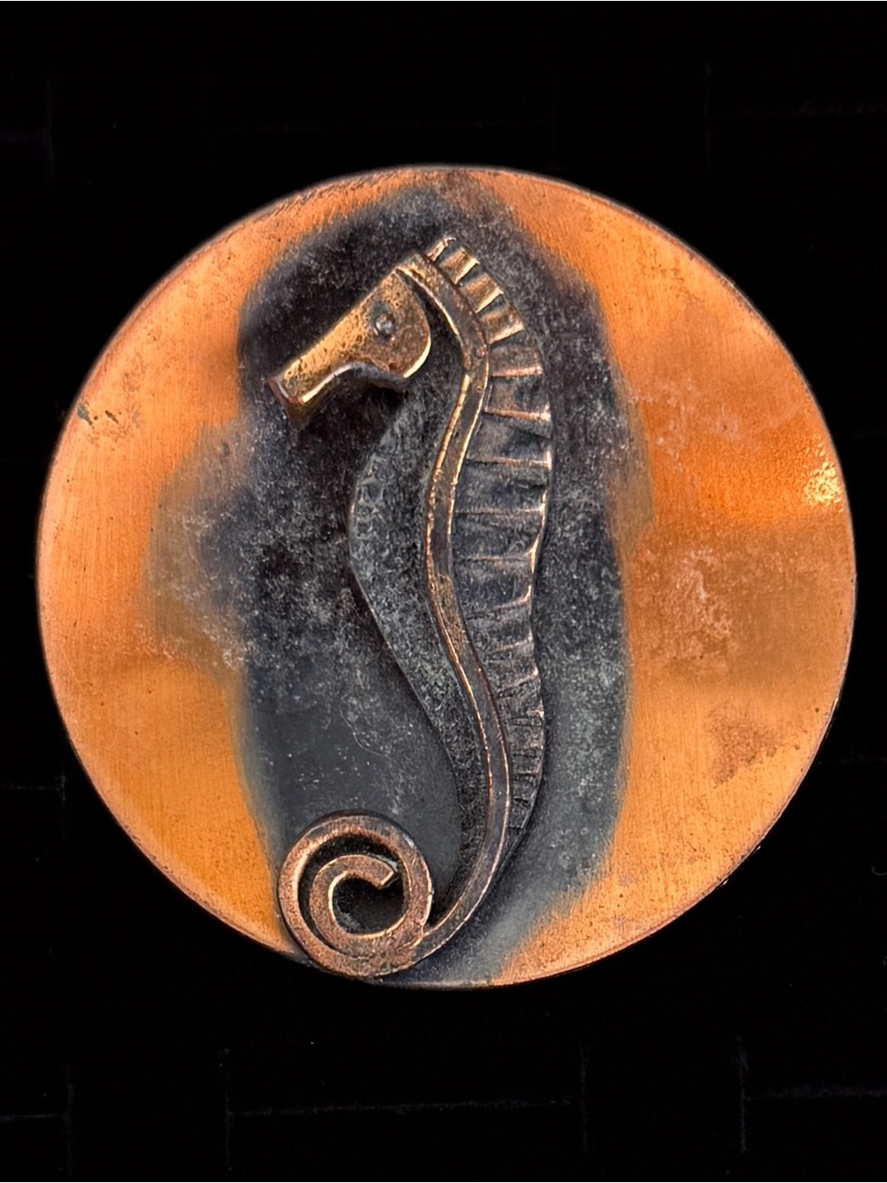 Handcrafted Copper Seahorse Round Brooch Artisan Ocean Nautical Statement Pin